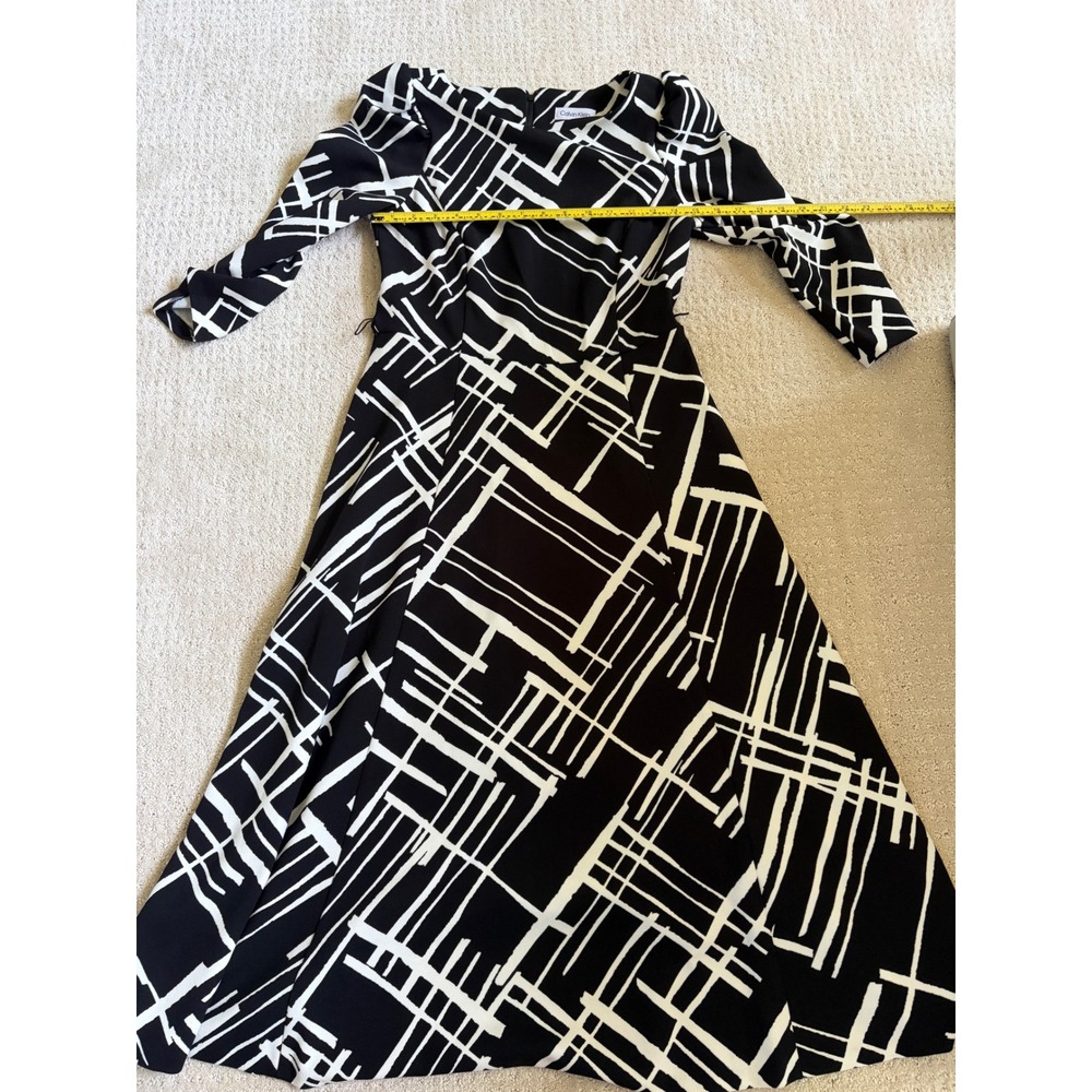 Calvin Klein Black White Abstract Geometric Midi Dress A-Line 3/4 Sleeve Size 4